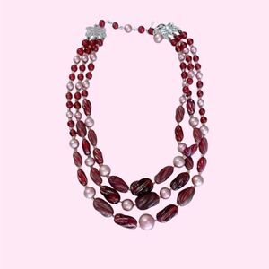 Japanese Vintage Red & Pink Beaded Three Strand Necklace